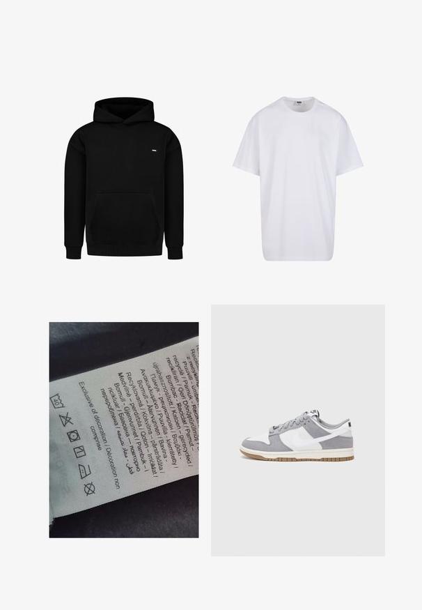 Musta huppari, valmistettu puuvillasekoitekankaasta. Siinä on etutasku, resorit hihansuissa ja helmassa sekä pieni logo rinnassa. Yksinkertainen muotoilu.; Valkoinen puuvillainen t-paita, jossa on lyhyet hihat, pyöreä kaula-aukko, rento istuvuus ja ei näkyviä logoja tai kuvioita. Sileä pinta ja minimaalinen muotoilu.; Tarran etiketti, jossa on monikielistä tekstiä, huoltovihjeitä ja kierrätysikoneita, painettuna pehmeälle kankaanomaista materiaalia, vaaleassa väreissä.; Niken tennarit on valmistettu harmaasta mokkanahasta ja valkoisesta nahasta, joissa on rei'itykset, pyöreät nauhat ja kumipohja pitoon.