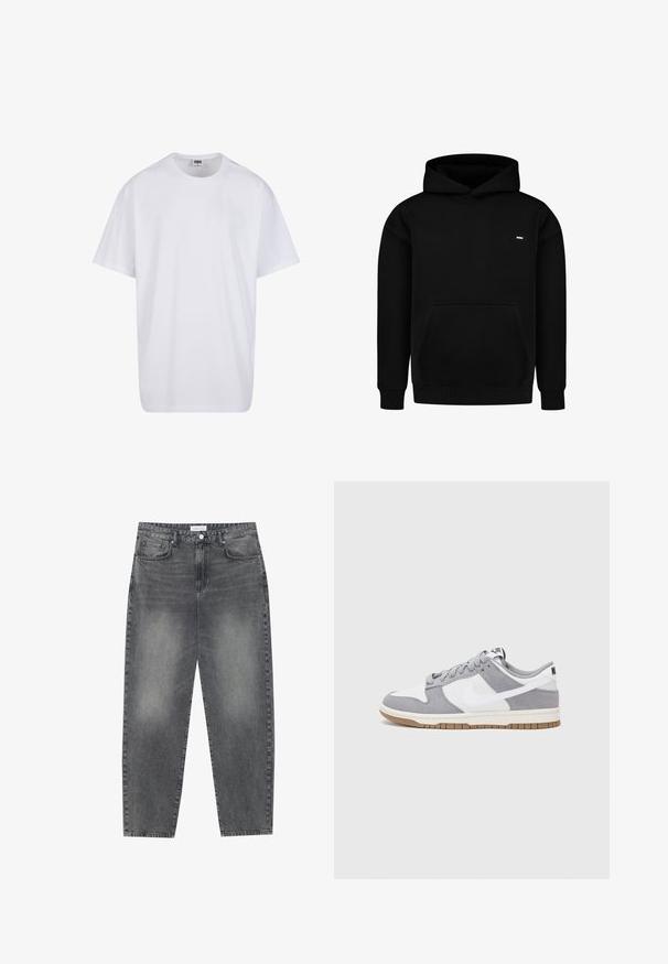 Czarna bluza z kapturem wykonana z bawełnianej mieszanki tkanin. Posiada przednią kieszeń typu kangur, prążkowane mankiety i dół, oraz małe logo na piersi. Prosty design.; Biała bawełniana koszulka z krótkimi rękawami, okrągłym dekoltem, luźnym krojem i bez widocznych logo lub wzorów. Gładka tekstura i minimalistyczny design.; Jeansy z wysokim stanem, luźne, w wyblakłym czarnym deninie. Posiadają pięć kieszeni, szlufki na pasek oraz prosty, klasyczny krój nogawek.; Szare i białe trampki z zamszową i skórzaną cholewą, okrągłym noskiem, płaskimi sznurówkami i gumową podeszwą z akcentem w kolorze gumy.