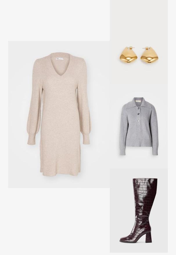 Grå ullgenser med ribbestrikket kant, oversized krage og tre store knapper foran. Myk tekstur. Avslappet, løs passform.; Beige strikket kjole med V-hals, lange puffermer og ribbet tekstur. Har sidesliss for ekstra detalj og komfort.; Mørk burgunder knelange støvler med krokodilstruktur og blokkhelt på hvit bakgrunn, vist fra siden.; Øreringer i gulltone laget av metall, med en glatt, avrundet trikantform og stift-bakdesign; reflekterende overflate med minimal detaljer.