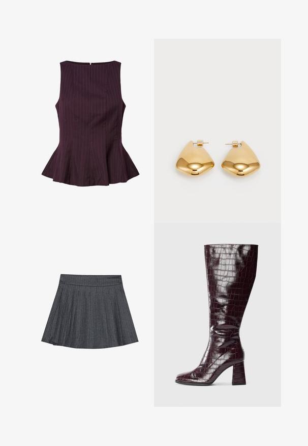 Pelēks vilnas džemperis ar ribotu apakšmalu, pārspīlētu apkakli un trim lielām pogām priekšpusē. Mīksta tekstūra. Ikdienišķs, brīvs piegriezums.; Plūmkrāsas peplum tops ar vertikālām svītrām, bez piedurknēm, apaļu kakla izgriezumu un rāvējslēdzēju aizmugurē. Pielāgota piegriezuma ar izliektu apakšu.; Pelēka svītraina skrejceļa svārku kleita ar pieguļošu jostasvietu, izplūdušu A formu un mīkstu auduma faktūru. Vertikālās svītras piešķir vizuālu pievilcību.; Tumši bordo ceļa auguma zābaks ar krokodilādas tekstūru un kvadrātveida papēdi uz balta fona, parādīts no sāniem.; Zelta krāsas metāla auss gredzeni ar gludu, apaļu trīsstūra formu un āķa aizmuguri; atstarojoša virsma ar minimālu apdari.