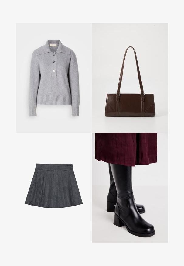 Sivý vlnený sveter s rebrovaným lemom, oversize golierom a troma veľkými gombíkmi na prednej strane. Mäkká textúra. Pohodlný, uvoľnený strih.; Sivý sukňa s prúžkami v štýle skater s priliehavým pásom, rozšíreným A-čkovým strihom a jemnou textúrou látky. Vertikálne pruhy zvyšujú vizuálny záujem.; Čierne vysoké čižmy s hladkým koženým povrchom, obdĺžnikovými blokovými podpätkami a detailom bočného šitia, skombinované s vínovou sukňou.; Hnedá lakovaná kožená kabelka s obdĺžnikovým tvarom, dvoma dlhými rúčkami a jemne zakrivenými akcentami na prednej strane.; Náušnice z kovu v zlatej farbe s hladkým, zaobleným trojuholníkovým tvarom a dizajnom na zapichovanie; reflexný povrch s minimálnymi detailmi.