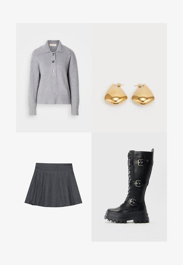 Sivkasta volnena jopica z rebrastim robom, oversized ovratnikom in tremi velikimi gumbi spredaj. Mehka tekstura. Priložnostna, sproščena kroja.; Siva krpasta krila z gumbnim pasom, razširjenim A-linijskim oblikom in mehkim tekstilom. Vertikalne črte povečujejo vizualno zanimanje.; Visoke črne usnjene vojaške škornje z debelim lug podplatom, tremi nastavljivimi zaponkami in sprednjim vezanjem na enobarvni podlagi.; Zlato obarvani kovinski uhani z gladko, zaobljeno trikotno obliko in zasnovo s pritrditvijo na zadnji strani; odbojna površina z minimalnim detajliranjem.