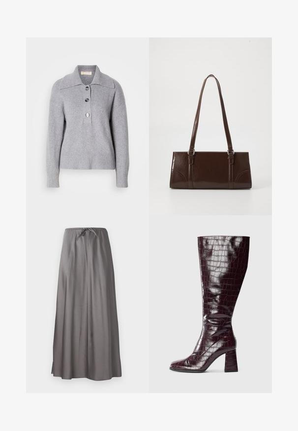 Sivkasta volnena jopica z rebrastim robom, oversized ovratnikom in tremi velikimi gumbi spredaj. Mehka tekstura. Priložnostna, sproščena kroja.; Siva maksi krila iz gladke, lahke tkanine. Ima elastični pas z vrvico in stranske odprtine za lažje gibanje.; Temno burgundske čevlje do kolen s krokodilskim vzorcem in blokastim podplatom na beli podlagi, prikazane s strani.; Rjav lakiran usnjeni ročni torbica pravokotne oblike, z dvema dolgima ročajema in subtilnimi ukrivljenimi poudarki spredaj.; Zlato obarvani kovinski uhani z gladko, zaobljeno trikotno obliko in zasnovo s pritrditvijo na zadnji strani; odbojna površina z minimalnim detajliranjem.