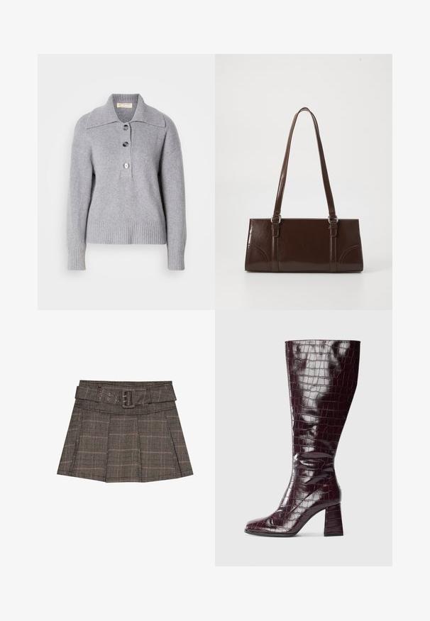 Pelēks vilnas džemperis ar ribotu apakšmalu, pārspīlētu apkakli un trim lielām pogām priekšpusē. Mīksta tekstūra. Ikdienišķs, brīvs piegriezums.; Melnā, brūnā un bēšā krāsā svītraina mini svārku. Aprīkoti ar jostu, krokām un teksturētu audumu ar ģeometrisku rakstu.; Tumši bordo ceļa auguma zābaks ar krokodilādas tekstūru un kvadrātveida papēdi uz balta fona, parādīts no sāniem.; Brūna lakota ādas rokassoma ar taisnstūra formu, divām garām rokturiem un delikātiem izliekumiem priekšpusē.; Zelta krāsas metāla auss gredzeni ar gludu, apaļu trīsstūra formu un āķa aizmuguri; atstarojoša virsma ar minimālu apdari.