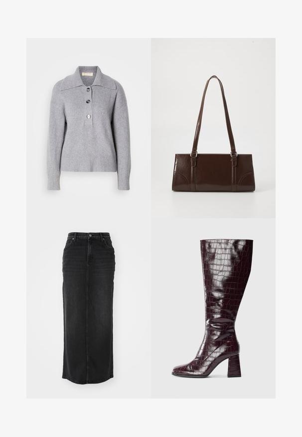 Grå uldtrøje med ribbet kant, oversized krave og tre store knapper på fronten. Blød tekstur. Casual, afslappet pasform.; Sort denim maxiskirt med lige snit, mellemhøj talje, forlommer og synlige sømme langs sømmene.; Mørkerød knæhøj støvle med krokodillemønster og blokhælm, vist fra siden på en hvid baggrund.; Brun lakeret håndtaske med rektangulær form, to lange håndtag og subtile buede detaljer på fronten.; Guldtonede metaløreringe med en glat, rund trekantet form og post-back design; reflekterende overflade med minimal detaljer.
