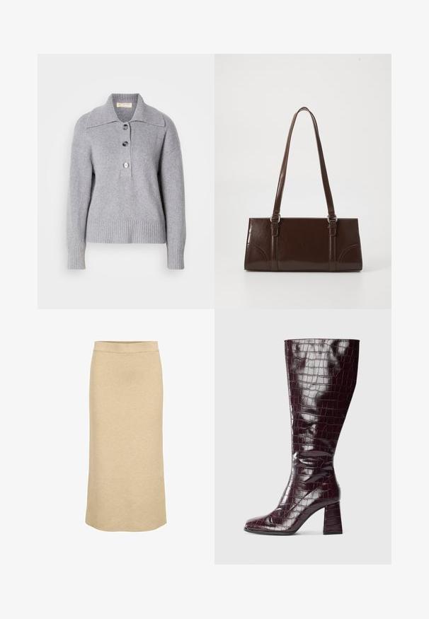 Grå ullgenser med ribbestrikket kant, oversized krage og tre store knapper foran. Myk tekstur. Avslappet, løs passform.; Strikket midi-skjørt i lysebrun, med ribbestrikket linning og rett silhuett med en jevn, myk tekstur.; Mørk burgunder knelange støvler med krokodilstruktur og blokkhelt på hvit bakgrunn, vist fra siden.; Brunlakkert skinnveske med rektangulær form, to lange håndtak og subtile buede detaljer foran.