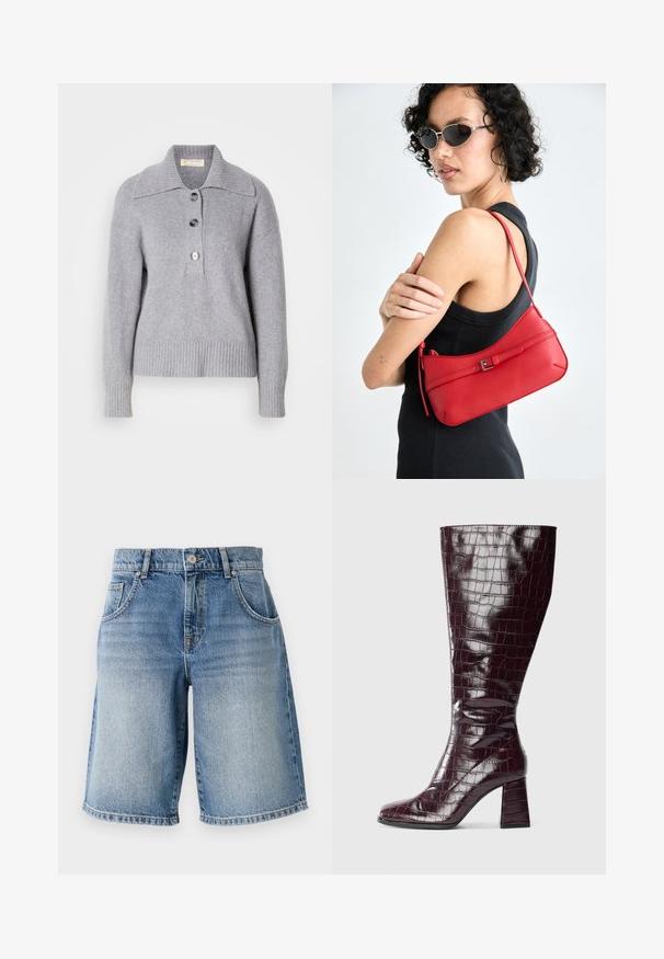 Gray wool sweater with a ribbed hem, oversized collar, and three large buttons on the front. Soft texture. Casual, relaxed fit.; Denim shorts in light blue with a straight cut, five pockets, and bronze hardware. Features a frayed hem and a faded wash texture.; Dark burgundy knee-high boot with crocodile texture and block heel on a white background, shown from the side.; Red leather shoulder bag with a smooth texture, curved design, and a decorative buckle accent. Adjustable strap and zip closure.; Gold-tone metal earrings with a smooth, rounded triangular shape and post-back design; reflective surface with minimal detailing.
