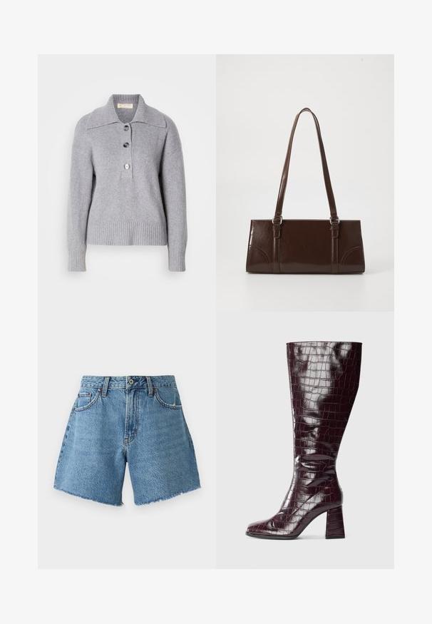 Sivkasta volnena jopica z rebrastim robom, oversized ovratnikom in tremi velikimi gumbi spredaj. Mehka tekstura. Priložnostna, sproščena kroja.; Abercrombie & Fitch CURVE LOVE SHORT - Kratke hlače iz džinsa - light blue denim; Temno burgundske čevlje do kolen s krokodilskim vzorcem in blokastim podplatom na beli podlagi, prikazane s strani.; Rjav lakiran usnjeni ročni torbica pravokotne oblike, z dvema dolgima ročajema in subtilnimi ukrivljenimi poudarki spredaj.; Zlato obarvani kovinski uhani z gladko, zaobljeno trikotno obliko in zasnovo s pritrditvijo na zadnji strani; odbojna površina z minimalnim detajliranjem.