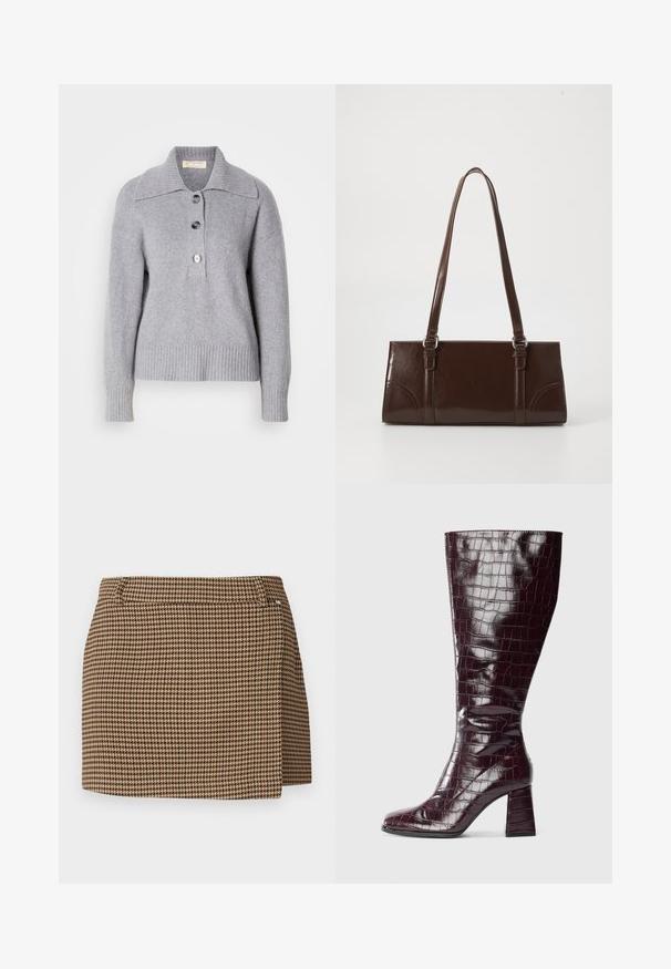 Pulover gri din lână cu tiv dantelat, guler supradimensionat și trei nasturi mari în față. Textură moale. Croi casual, lejer.; Fustă mini cu model houndstooth în nuanțe de maro și bej, cu un detaliu ușor de drapare și bucle pentru curea, pe un fundal alb.; Cizma de culoare burgundy închis, până la genunchi, cu textură de crocodil și toc pătrat, pe un fundal alb, văzută din lateral.; Geantă din piele patent maro, cu o formă rectangulară, două mânere lungi și accente ușor curbe pe față.; Cercei din metal de culoare aurie, cu o formă triangulară rotunjită și un design cu prindere pe spate; suprafață reflectorizantă cu detalii minime.