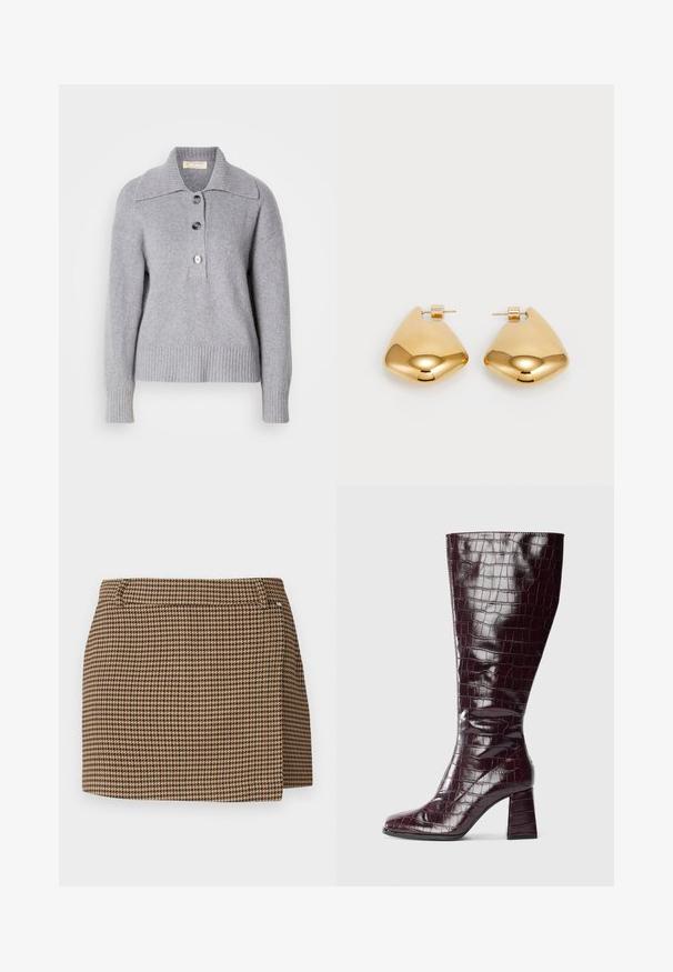 Grå ulltröja med ribbad nederkant, överdimensionerad krage och tre stora knappar framtill. Mjuk textur. Avslappnad, lös passform.; Brun och beige hundtandsmönstrad minikjol med en lätt wrapdetalj och bältesöglor på vit bakgrund.; Mörk vinröd knälång stövel i krokodilstruktur med blockklack på vit bakgrund, visad från sidan.; Guldtonade metallörhängen med en slät, rundad triangulär form och design med postback; reflekterande yta med minimal detaljering.