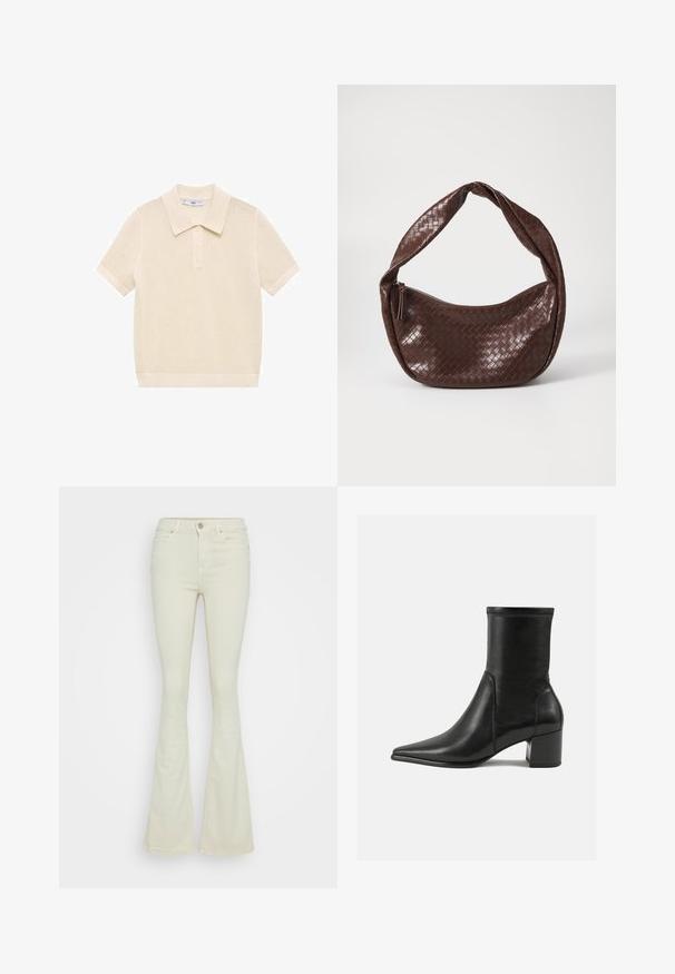 Mango VICTORIA - Polo shirt - off-white; Flared jeans in light beige cotton denim, featuring a high waist, five-pocket design, and classic metal button closure with zipper.; Black ankle boot made of smooth leather, featuring a pointed toe, a block heel, and distinct raised stitching at the top edge.; Brown woven leather handbag with a curved, knotted handle and a zippered closure. Smooth texture and rounded shape.