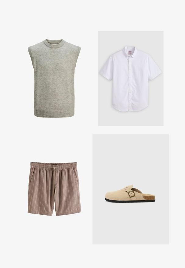 Maglione senza maniche di colore grigio chiaro, lavorato a maglia, con collo rotondo a coste, aperture per le braccia e orlo a coste.; Camicetta bianca a maniche corte in cotone, con colletto button-down, texture sottile, orlo curvo e chiusura tradizionale con bottoni.; Shorts a righe marroni realizzati in tessuto leggero, con vita elasticizzata, chiusura con cordino e tasche laterali.; Zoccoli beige in suede con piede in sughero, punta rotonda e una semplice fascia con una fibbia dorata. Suola in gomma per una buona aderenza.