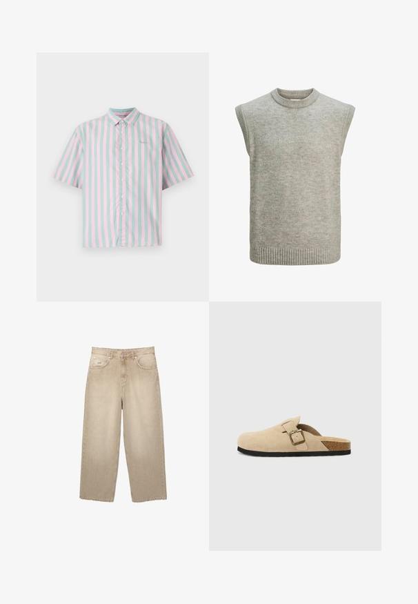 Maglione senza maniche di colore grigio chiaro, lavorato a maglia, con collo rotondo a coste, aperture per le braccia e orlo a coste.; Camicia a maniche corte con bottoni, caratterizzata da righe verticali alternate in rosa chiaro e verde menta, con una texture in cotone morbido e un piccolo dettaglio del logo.; Jeans in denim beige a gamba larga con vita alta, dotati di orlo sfrangiato, due tasche frontali e dettagli di cucitura sottili.; Zoccoli beige in suede con piede in sughero, punta rotonda e una semplice fascia con una fibbia dorata. Suola in gomma per una buona aderenza.