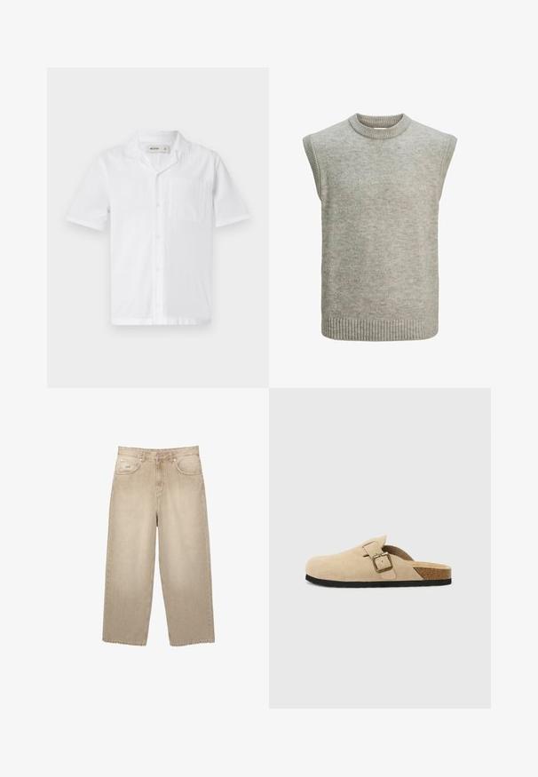 Svetri brez rokavov v svetlo sivi barvi, pleten z rebrastim okroglim izrezom, armhole-ji in roba.; Bela kratka majica s kratkimi rokavi in gumbom, s žepom, ki ima teksturirano tkanino in sproščen oblikovan ovratnik.; Bež traper hlače širokih nogavica z visokim pasom, z raztrganim robom, dvema sprednjima žepoma in diskretnimi šivi.; Bež sueded klompe na potplat s koricom, zaobljenim vrhom i jednostavnom trakom s zlatnim kopčom. Gumeni potplat za prianjanje.