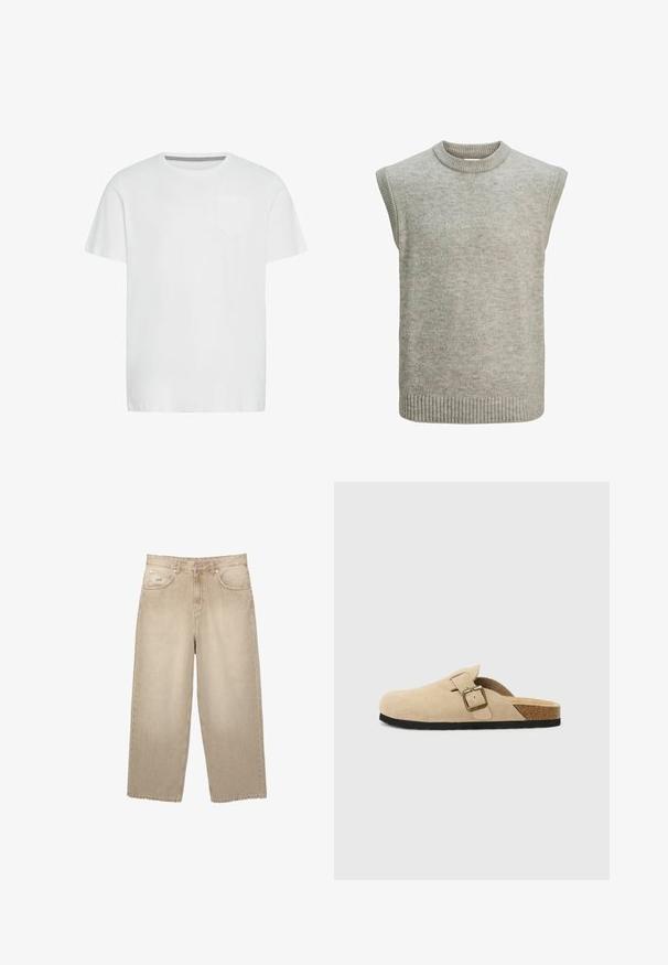 Ljusgrå stickad ärmlös tröja med ribbad krage, ärmhål och nederkant.; Vit bomull t-shirt med rund hals, korta ärmar och en enskild bröstficka. Har ett subtilt fiskbensmönster på den inre halsringningen.; Beige vida byxor i denim med hög midja, med fransade nederkanter, två framfickor och diskreta stickningsdetaljer.; Beiga mockasiner i mocka med korkfot, rund tå och en enkel rem med ett spänne i guldton. Gummisula för bra grepp.