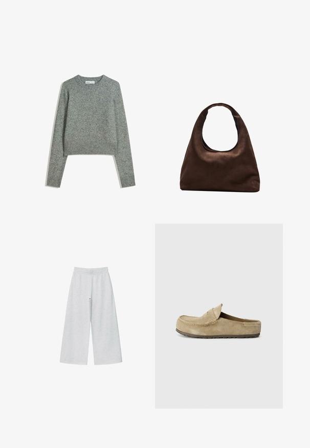 Jasnoszary krótki sweter wykonany z miękkiego, teksturowanego materiału. Posiada długie rękawy, prążkowany dekolt i prążkowany dół. Prosty design.; Jasnoszare szerokie spodnie wykonane z miękkiego materiału z elastycznym paskiem. Projekt charakteryzuje się luźnym krojem dla komfortu i swobody ruchów.; Birkenstock NAPLES UNISEX taupe; Miękka, brązowa torebka w stylu hobo z jedną szeroką rączką i wyprofilowanym otwarciem, wyeksponowana na białym tle.