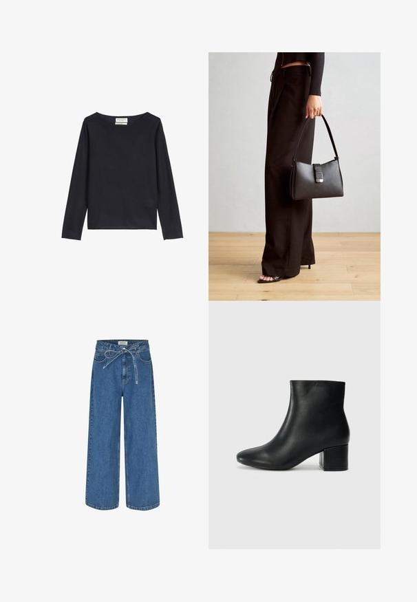 Marc O'Polo Jumper - deep night blue; Wide-leg denim jeans in medium blue, featuring a drawstring waist, traditional five-pocket design, and a smooth, slightly textured finish.; Black leather ankle boots with a pointed toe and a chunky heel. Smooth texture with minimal accents and a sleek, fitted design.; Black handbag with structured shape, smooth texture, and a metallic clasp. Paired with wide black pants and open-toe sandals on wooden floor.