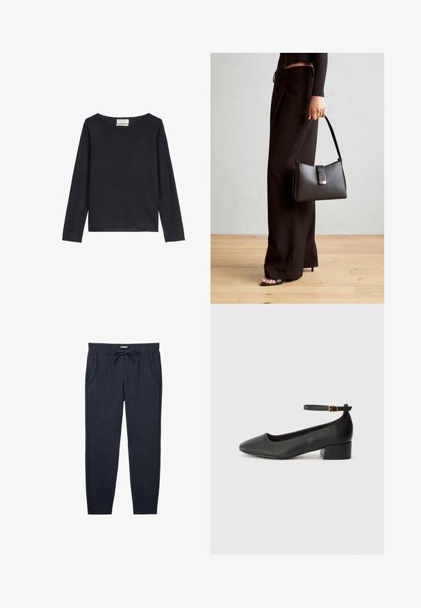 Marc O'Polo - Sweter; Granatowe spodnie dresowe z teksturowanej tkaniny, z elastycznym pasem w talii na sznurek, bocznymi kieszeniami oraz zwężanymi nogawkami.; Czarne skórzane szpilki z ostrym noskiem i niskim słupkowym obcasem. Wyposażone w pasek na kostkę z złotym zapięciem. Gładka tekstura.; Czarna torebka o usztywnionym kształcie, gładkiej fakturze i metalowym zapięciem. Połączona z szerokimi czarnymi spodniami i sandałami na otwartym palcu na drewnianej podłodze.