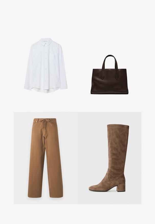 Samsøe Samsøe ANOUR ciemnobrązowy; Biała, długosleeve, koszula zapinana na guziki z kołnierzykiem i jedną kieszonką na piersi, lekko zaokrąglony dół, prezentowana na białym tle.; Brązowe spodnie o szerokich nogawkach wykonane z bawełny, z elastycznym paskiem w talii i dwoma przednimi kieszeniami. Teksturowana tkanina o gładkim wykończeniu.; Brązowe zamszowe botki do kolan z kwadratowym noskiem i blokowym obcasem. Gładka tekstura; minimalne detale i zwężający się fason w okolicy kostki.; Brązowa skórzana torba tote z dwoma wydłużonymi uchwytami, usztywnionym prostokątnym kształtem, gładką teksturą i subtelnymi detalami przeszycia.