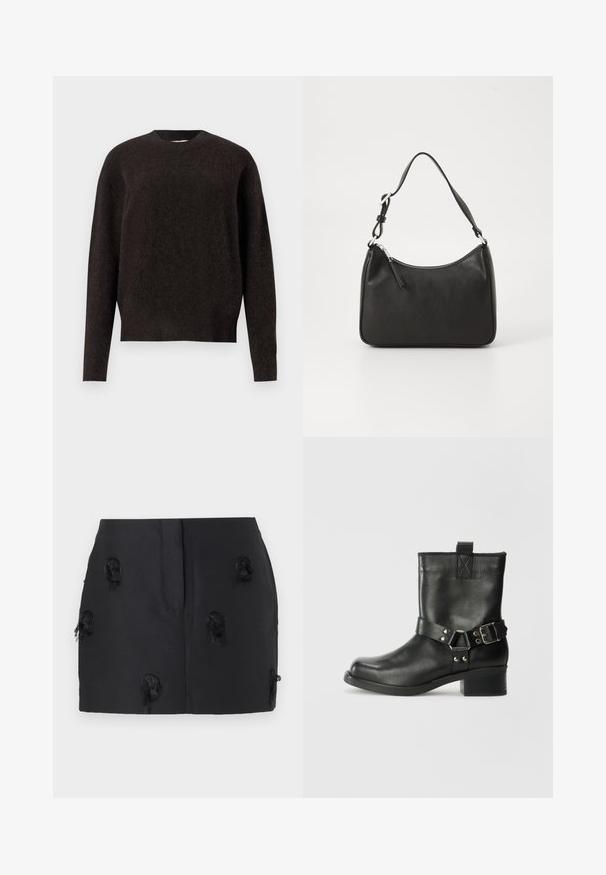 Samsøe Samsøe ANOUR - Pulover - black coffee; Črna krilo z oprijetim dizajnom in teksturiranimi, razfrčenimi poudarki po tkanini. Gladek material brez vidnih zadrg.; Samsøe Samsøe SABRENTA - Gležnjar v kavbojskem in motorističnem slogu - black; Črna usnjena torba za roke s ukrivljenim oblikom, enim trakom, zadrgo in diskretnim blagovnim znamkom na sprednjem delu. Gladka tekstura, minimalističen dizajn.