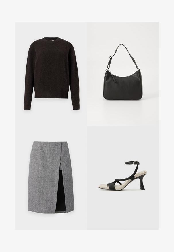 Samsøe Samsøe ANOUR - Pulover - black coffee; Fustă gri cu model houndstooth, cu o deschidere laterală, tăiere ajustată și două buzunare laterale. Confectionată dintr-un material texturat pentru un aspect bine definit.; Sandal cu toc negru, cu design de curea împletită, vârf pătrat și curea de gleznă ajustabilă. Tălpică de un bej deschis și toc negru lucios.; Geantă de mână din piele neagră, cu o formă curbată, curea unică, închidere cu fermoar și un branding subtil pe față. Textură fină, design minimalist.