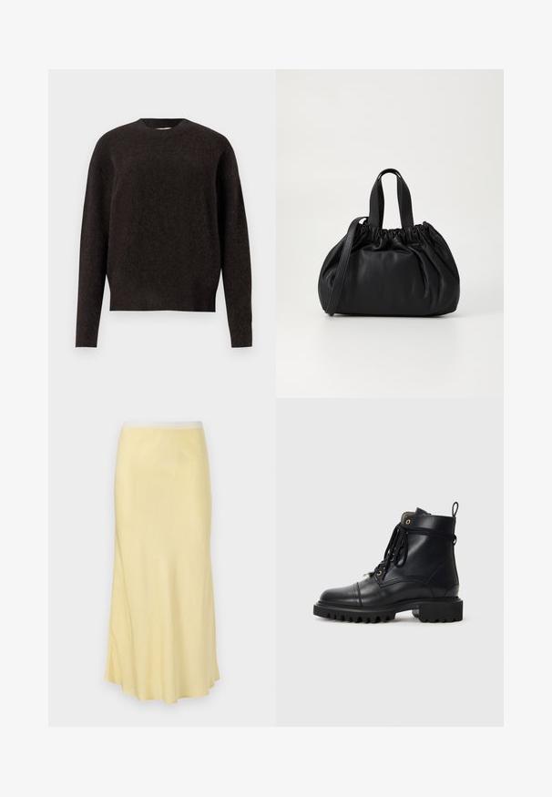 Samsøe Samsøe ANOUR - Pulover - black coffee; Svetlo rumena satenasta midi krila z gladko teksturo, razširjenim dizajnom in elastičnim pasom, ki se ponaša z rahlim sijajem po celotni površini.; Črne usnjene gležnjarje s okroglo kapico, trdim gumijastim podplatom, vezalkami in zanko za pomoč pri obuvanju; vsebujejo zlate očesce za vezalke in šivane detajle.; Črna usnjena torbica z zloženim zgornjim dizajnom, opremljena z dvema kratkima ročkama in dolgo nastavljivo naramnico. Gladka tekstura, okrogla oblika.