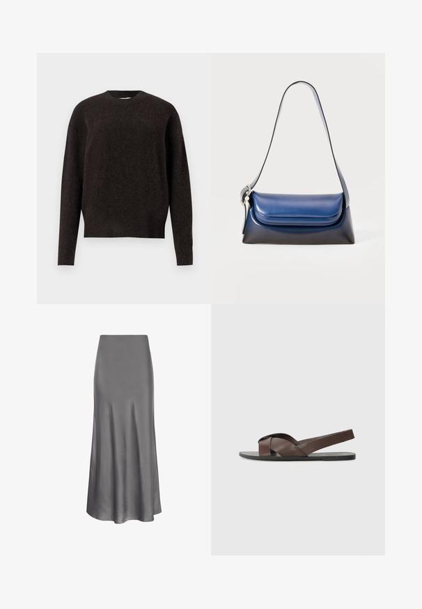 Samsøe Samsøe ANOUR - Pulover - black coffee; Moves HEBRY - Dolgo krilo - castlerock; Rjave usnjene sandale s križno-zasnovo, ravnim črnim podplatom in nastavljivim zadnjim trakom. Gladka tekstura in minimalni detajli strojne opreme.; Mornarska usnjena torbica z gladko površino, ki ima zaobljeno obliko, zloženi vrh in eno naramnico. Vključena srebrna oprema.