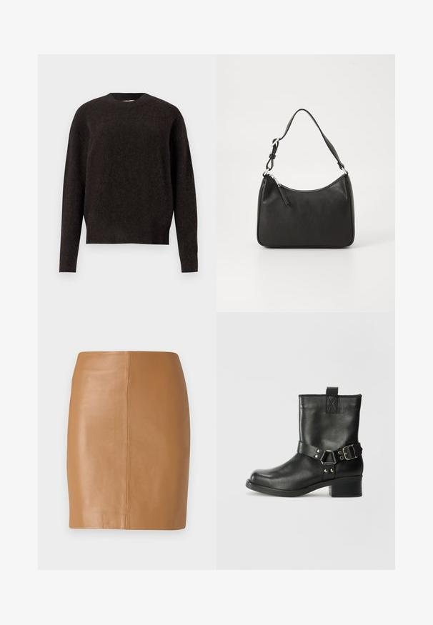 Samsøe Samsøe ANOUR - Pulóver - black coffee; Barna bőr mini szoknya letisztult dizájnnal, sima felülettel és egyenes vonalvezetéssel, díszítések nélkül és zsebek nélkül.; Samsøe Samsøe SABRENTA - Cowboy/motoros bokacsizma - black; Fekete bőrtáska ívelt formával, egyetlen pánttal, cipzáras záródással és diszkrét logóval az elején. Simább textúra, minimalista dizájn.