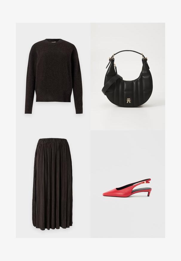 Samsøe Samsøe ANOUR - Jumper - black coffee; Pleated black skirt with an elastic waistband, made from lightweight fabric. Features vertical folds across the entire surface, no additional accents.; Red leather slingback heels with a pointed toe, featuring a small heel and a buckle accent on the strap. Smooth texture.; Black leather handbag with a curved shape, quilted texture, and gold hardware. Features a detachable shoulder strap and logo detail.