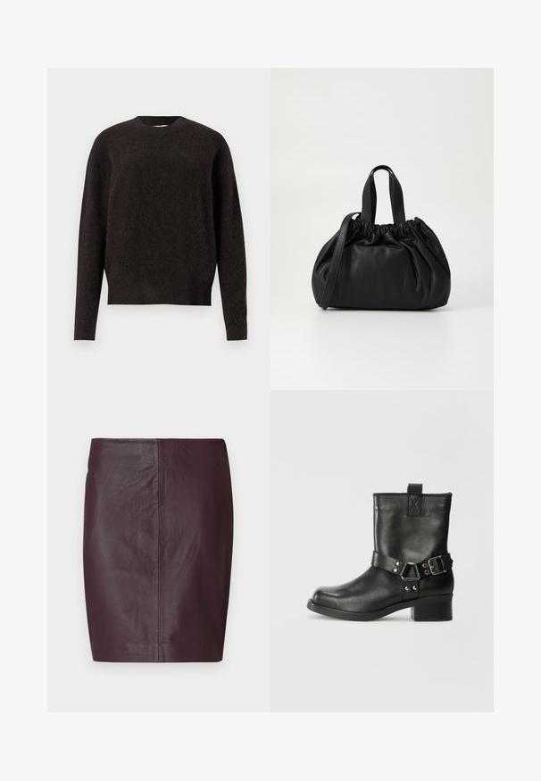 Samsøe Samsøe ANOUR - Vesta - black coffee; Tamnosmeđi kožni suknja sa glatkom teksturom, pripijenim dizajnom i pravim siluetom. Ima minimalne šavove i bez vidljivih metalnih dijelova.; Samsøe Samsøe SABRENTA - Kaubojske/motorističke gležnjače - black; Crna kožna torba s nabranim dizajnom na vrhu, s dva kratka ručka i dugim podesivim remenom. Glatka tekstura, zaobljen oblik.