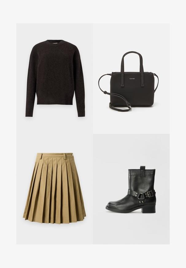 Samsøe Samsøe ANOUR - Jumper - black coffee; Khaki pleated skirt made of cotton blend, featuring a fitted waistband with belt loops and a flared silhouette, finishing above the knee.; Samsøe Samsøe SABRENTA - Cowboy/biker ankle boot - black; Black handbag with dual short handles and a removable shoulder strap. Smooth leather-like material with a zip closure and logo detail.