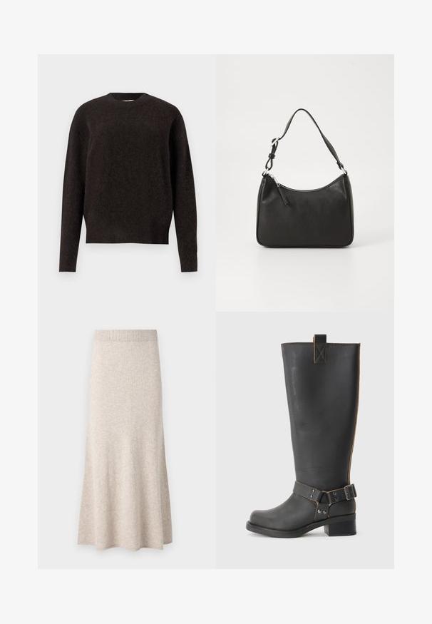 Samsøe Samsøe ANOUR - Jersey de punto - black coffee; Falda de punto color beige claro con una cinturilla acanalada, forma acampanada en A y textura suave, presentando variaciones sutiles en la tela.; Bota de cuero negro hasta la rodilla con un acabado texturizado, que presenta un acento de hebilla lateral y un tacón bajo. Costura detallada a lo largo de las costuras.; Bolso de mano de cuero negro con forma curvada, una sola correa, cierre de cremallera y marcas sutiles en la parte frontal. Textura suave, diseño minimalista.