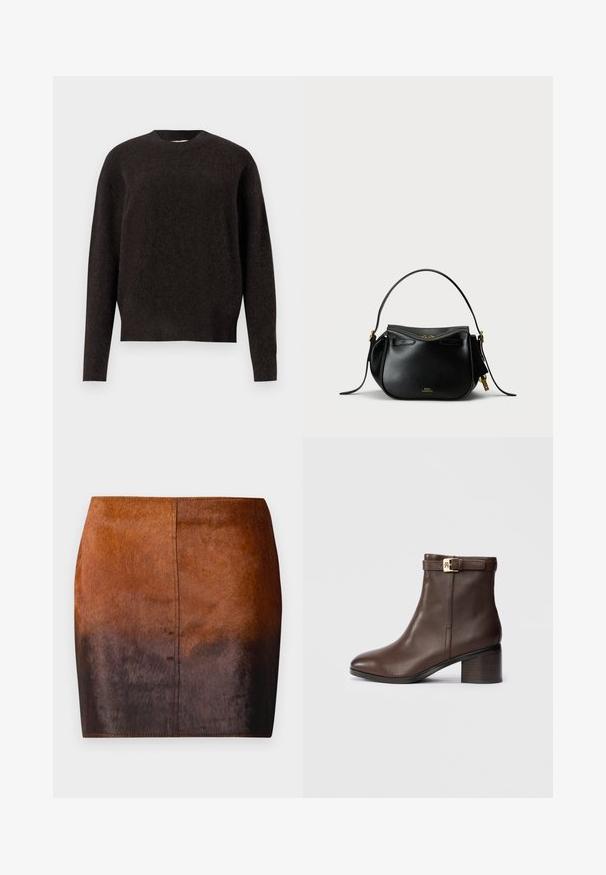 Samsøe Samsøe ANOUR  - Pulover - black coffee; Fustă mini cu un gradient de nuanțe de marochin, realizată dintr-un material moale, având o textură fină, o siluetă ajustată și cusături precise pe margini.; Botină din piele maro, cu vârful rotund, toc mic și pătrat, și o curea decorativă cu cataramă la glezna. Textură netedă și design elegant.; Geantă din piele neagră cu o formă rotundă, un singur mâner superior și accente din metal auriu. Include un sistem de închidere cu fermoar și un detaliu subtil de branding.