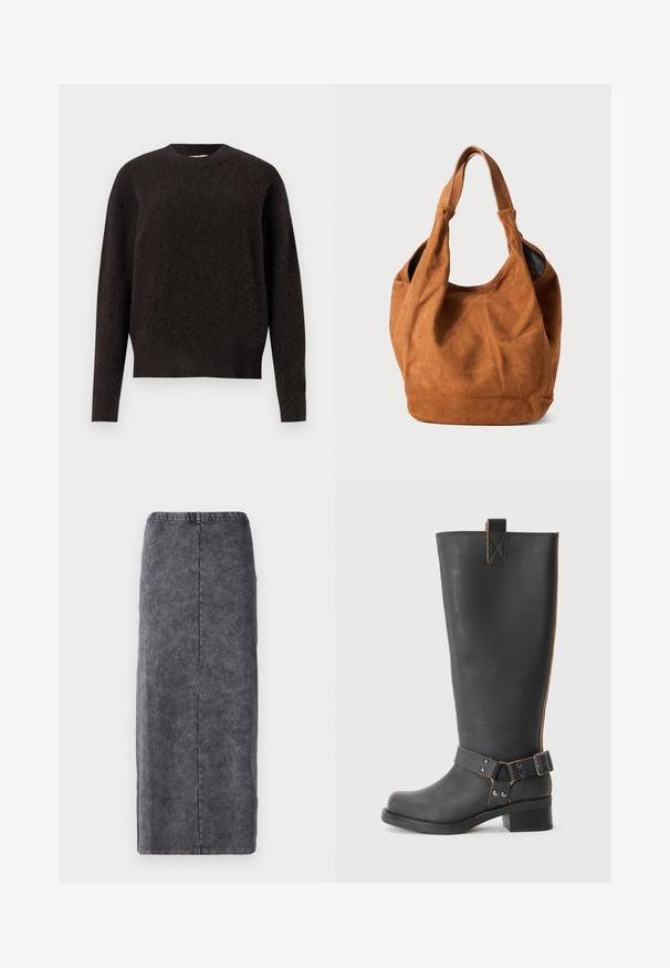 Samsøe Samsøe ANOUR - Džemperis - black coffee; Pelēka, līdz ceļiem gara svārku bikses, kas izgatavotas no teksturēta auduma, ar taisnu griezumu un elastīgu jostasvietu. Nav papildu dekoratīvu elementu vai rakstu.; Melnas ādas līdz ceļiem augstas zābakus ar teksturētu apdari, ar sānu sprādzi un zemu papēdi. Izšūšana gar šuvēm.; Brūna zamša plecu soma ar maigu tekstūru, izliekta forma un divi rokturi. Iezīmē minimālistisku dizainu bez redzamām detaļām vai akcentiem.