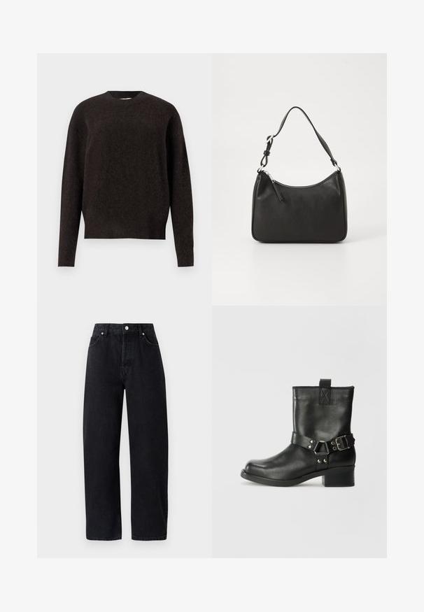 Samsøe Samsøe ANOUR  - Vesta - black coffee; Traperice od crnog denima s visokim strukom i ravnim nogavicama, s pet džepova, metalnim zakovicama i ton-sur-ton šivom. Glatka tekstura, minimalistički dizajn.; Samsøe Samsøe SABRENTA  - Kaubojske/motorističke gležnjače - black; Crna kožna torba s zakrivljenim oblikom, jednim remenom, zatvaranjem na patentni zatvarač i suptilnim brendiranjem sprijeda. Glatka tekstura, minimalistički dizajn.