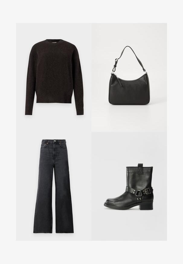 Samsøe Samsøe ANOUR - Vesta - black coffee; Crne traperice s flaired krojem i visokim strukom, sa metalnim dugmetom, prednjim džepovima i suptilnim izbljeđenjem na tkanini.; Samsøe Samsøe SABRENTA - Kaubojske/motorističke gležnjače - black; Crna kožna torba s zakrivljenim oblikom, jednim remenom, zatvaranjem na patentni zatvarač i suptilnim brendiranjem sprijeda. Glatka tekstura, minimalistički dizajn.