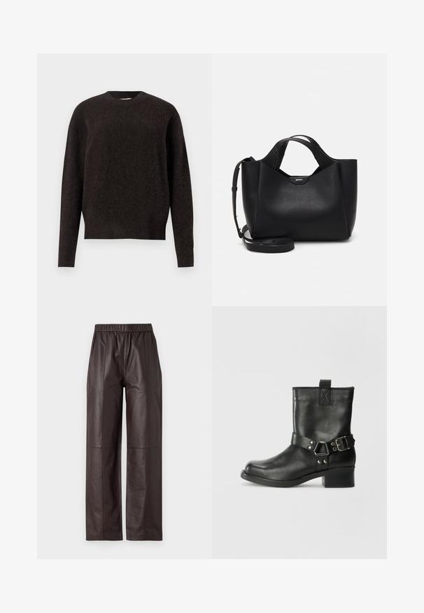 Samsøe Samsøe ANOUR - Pullover - black coffee; Pantalons en cuir marron à jambe large avec une taille élastique et une texture lisse, présentant des coutures sur le devant et l'arrière.; Samsøe Samsøe SABRENTA - Bottines de cowboy / motard - black; Sac à main en cuir noir avec finition texturée, forme angulaire, doubles poignées et une bandoulière réglable. Présente un accent avec le logo DKNY.