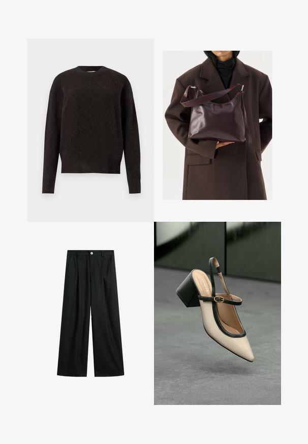 Samsøe Samsøe ANOUR - Striktrøje - black coffee; Sorte bukser med vid benvidde og diskrete striber, frontlukning med knap, bæltestropper og sidelommer, lagt fladt ud på hvid baggrund.; Beige spids tå slingback sko med sort kant, guld spænde og en chunky blokhæl på grå gulv med mørkegrøn baggrund.; Person i mørkebrun frakke holder en skinnende mørk bordeaux lædertaske med justerbar skulderrem mod en lys baggrund.
