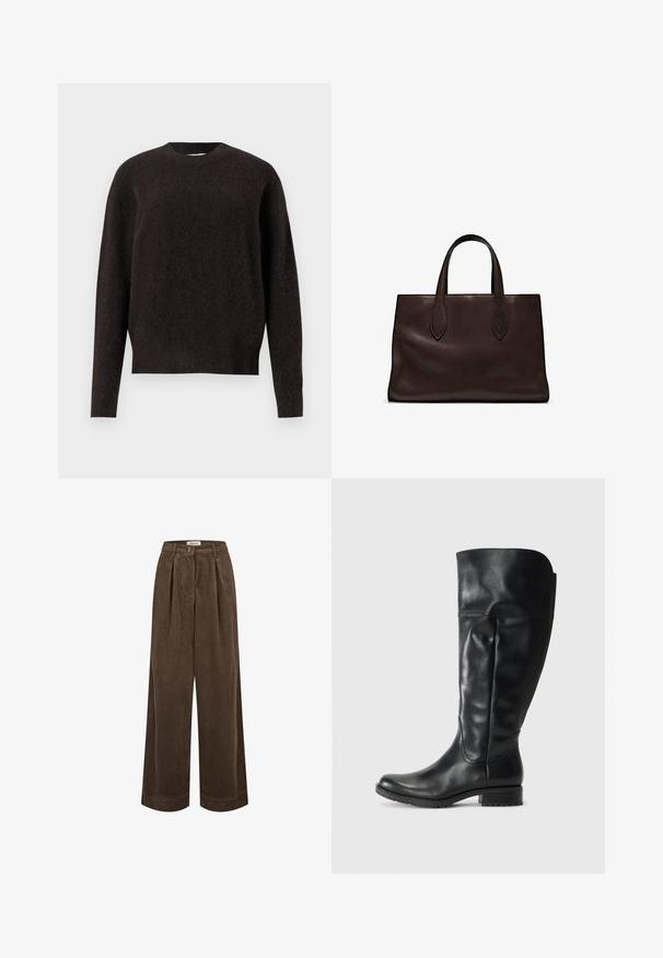 Samsøe Samsøe ANOUR - Maglione - black coffee; Pantaloni a gamba larga in corduroy marrone con vita alta, pieghe frontali e chiusura con un bottone. Texture liscia con sottili scanalature su tutta la superficie.; Stivali neri in pelle al ginocchio con un design elegante, punta arrotondata e tacco a blocco modesto; texture liscia con dettagli di cucitura minimi.; Borsa a spalla in pelle marrone con due manici lunghi, forma rettangolare strutturata, texture liscia e dettagli di cucitura sottili.