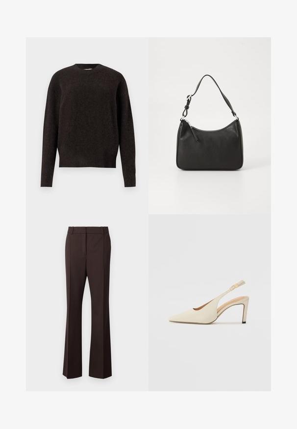 Samsøe Samsøe ANOUR ciemnobrązowy; Samsøe Samsøe SALOT brązowy; Beżowe skórzane botki na słupku z otwartym bokiem i ostrym noskiem, wyróżniające się smukłym, wysokim obcasem. Posiadają złoty akcent na pasku.; Czarna skórzana torebka o zaokrąglonym kształcie, z pojedynczym uchwytem, zamknięciem na zamek błyskawiczny oraz subtelnym logo z przodu. Gładka faktura, minimalistyczny design.