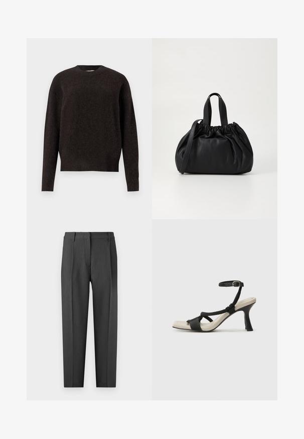 Samsøe Samsøe ANOUR  - Džemperis - black coffee; Anglies pilkos spalvos pritaikyti kelnės su plokščiu priekiu, šoninėmis kišenėmis ir tiesių kojų dizainu su lygiu paviršiumi.; Juodų aukštakulnių sandalų su pintu dirželiu dizainas, kvadratine nosimi ir reguliuojamu kulkšnies dirželiu. Šviesiai bežė padas su blizgiu juodu kulnu.; Juoda odinė rankinė su susiraukšlėjusiu viršumi, su dviem trumpomis rankenėlėmis ir ilga reguliuojama juosta. Lygus paviršius, apvalios formos.