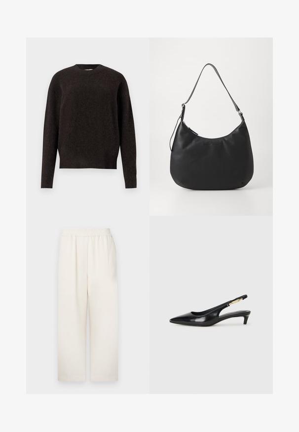 Samsøe Samsøe ANOUR - Strikkegenser - black coffee; Kremfargede, vide bukser med elastisk midjebånd. Glatt, lett stoff. Har en avslappet passform og ingen synlige mønstre eller detaljer.; Sorte lærreim hæler med spiss tå, som har en slank hæl og en gullfarget detalj på den justerbare stroppen. Glatt tekstur.; Svart hobo-veske laget av glatt og slitesterkt materiale. Har en justerbar stropp og en subtil preget logo på forsiden.