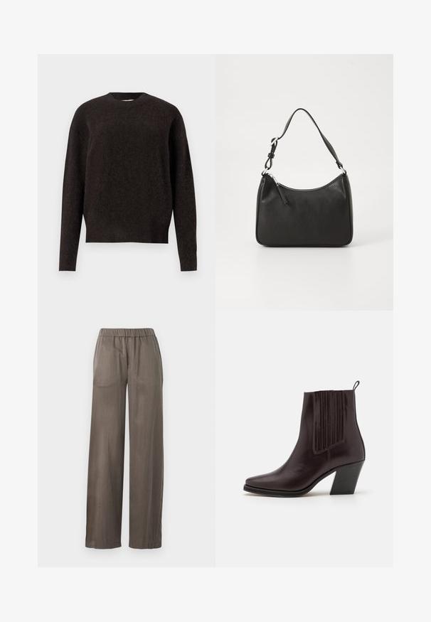 Samsøe Samsøe ANOUR - Svetr - black coffee; Široké kalhoty v tmavě šedé barvě, vyrobené z hladké látky. Obsahují elastický pas a volný střih pro pohodlí.; Tmavě hnědé kožené kotníkové boty s špičatou špičkou, s vertikálním žebrovaným detailem po straně a středně vysokým blokovým podpatkem.; Černá kožená kabelka s zakřiveným tvarem, s jedním popruhem, zipovým uzávěrem a decentním logem na přední straně. Hladká textura, minimalistický design.