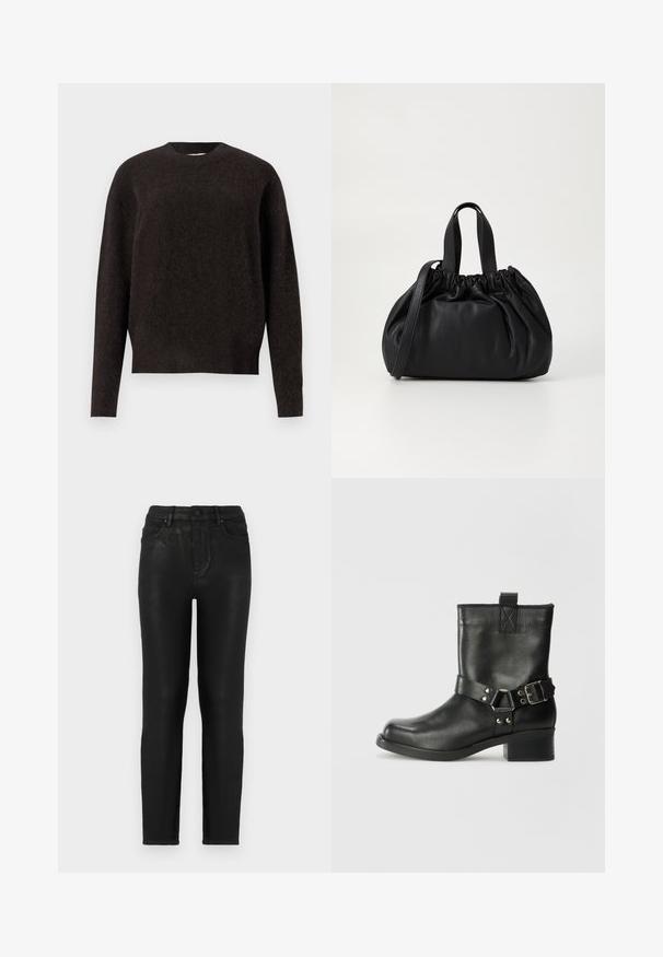 Samsøe Samsøe ANOUR - Džemperis - black coffee; Juodos džinsinės kelnės su siauru siluetu, turinčios aukštą liemenį, klasikinį penkių kišenių dizainą ir subtilią blizgią tekstūrą. Standartinis priekinis mygtuko užsegimas.; Samsøe Samsøe SABRENTA - Kaubojiški / motociklininko stiliaus aulinukai - black; Juoda odinė rankinė su susiraukšlėjusiu viršumi, su dviem trumpomis rankenėlėmis ir ilga reguliuojama juosta. Lygus paviršius, apvalios formos.