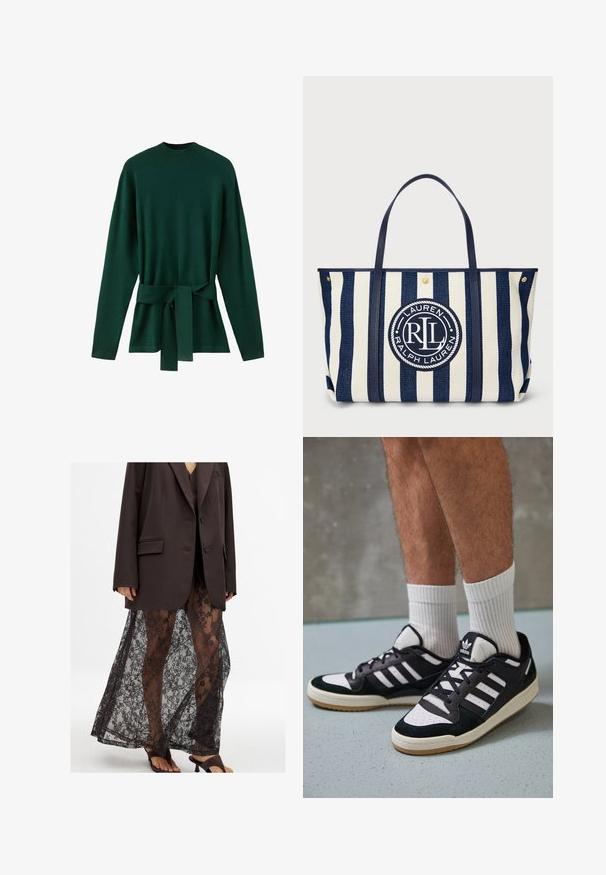 Vihreä neulepaita, jossa on korkea kaulus, pitkät hihat ja solmittava vyö vyötäröllä. Sileä rakenne ja rento istuvuus.; Ylimitoitettu ruskea bleiseri läpinäkyvän mustan pitsihameen päällä, jossa on kukkakuosisia yksityiskohtia, yhdistettynä mustiin korkokenkiin.; Valkoiset ja mustat tennarit, joissa on mokkanahka- ja nahkapäällinen, kolme valkoista raitaa, rei'itetty kärki ja kumipohja.; Kangas olkalaukku, jossa on tummansinisiä ja valkoisia raidoja, ja joka on varustettu pyöreällä logo-patchilla. Kaksinkertaiset kahvat, jämäkkä muoto ja kultasävytetyt varusteet.