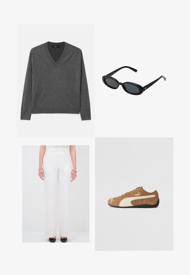 Gray V-neck sweater with long sleeves, made of soft material. Features a ribbed hem and cuffs, uniform texture without patterns.; Plain white short-sleeve crew neck t-shirt with a slim fit, displayed flat against a white background.; White tailored trousers in a smooth fabric, featuring a high waist and wide legs. Paired with black pointed-toe shoes.; Brown suede low-top sneaker with cream accents, textured surface, black rubber sole, and embroidered logo on the side and tongue.; Black oversized sunglasses with oval lenses, smooth plastic frame, and gold accents on temple. Dark lenses provide sun protection.; Woven, cream-colored bag set featuring a larger handbag with a rounded handle and a smaller pouch with a strap, both with uniform texture.
