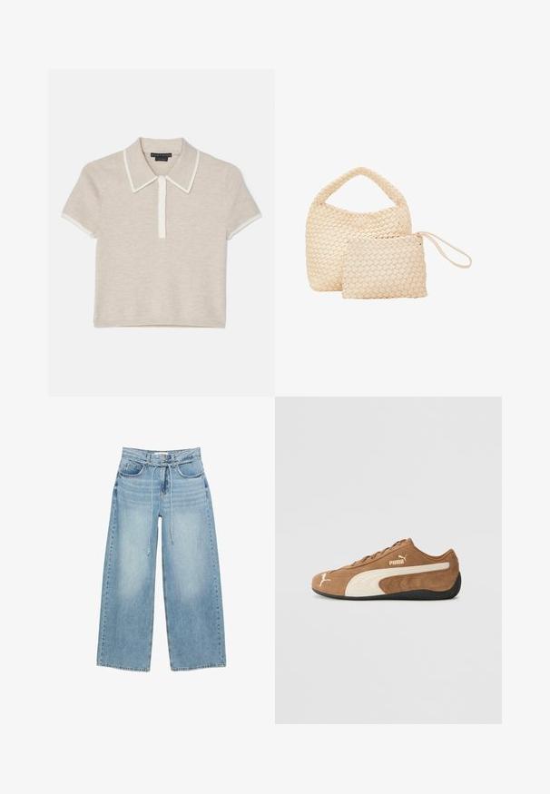 Grijze V-halstrui met lange mouwen, gemaakt van zacht materiaal. Heeft een geribbelde onderrand en manchetten, uniforme textuur zonder patronen.; Alice + Olivia MEDA - Poloshirt - oatmeal heather/soft white; Lichtblauwe wijde jeans met een hoge taille, twee voorzakken, een rits en een stoffen striksluiting in de taille. Klassieke denimstructuur.; Bruine suède low-top sneakers met crèmekleurige accenten, een gestructureerd oppervlak, een zwarte rubberen zool en een geborduurd logo aan de zijkant en op de tong.; Geweven, crèmekleurige tasset met een grotere handtas met een ronde handgreep en een kleinere zak met een bandje, beide met een uniforme textuur.