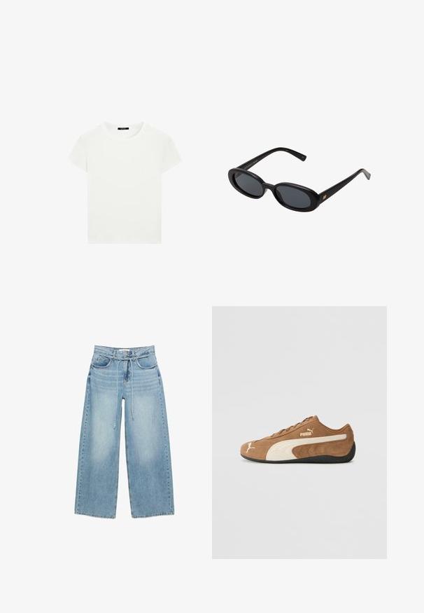 Maglione grigio a V con maniche lunghe, realizzato in materiale morbido. Presenta un orlo e polsini a coste, texture uniforme senza motivi.; T-shirt bianca a maniche corte e scollo rotondo con vestibilità slim, esposta piatta su uno sfondo bianco.; Jeans a gamba larga blu chiaro con vita alta, due tasche anteriori, chiusura con zip e cravatta in tessuto in vita. Texture denim classica.; Sneaker bassa in suede marrone con accenti crema, superficie texture, suola in gomma nera e logo ricamato sul lato e sulla linguetta.; Occhiali da sole neri oversize con lenti ovali, montatura in plastica liscia e accenti dorati sulle tempie. Le lenti scure offrono protezione dal sole.; Set di borse intrecciate di colore crema, composto da una borsa più grande con una maniglia rotonda e una pochette più piccola con tracolla, entrambe con una texture uniforme.