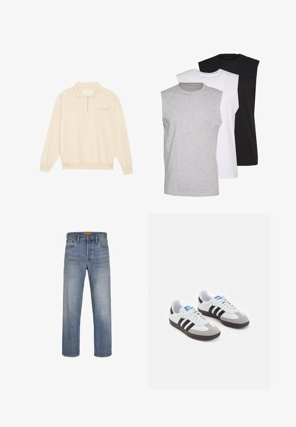 Μπεζ πουλόβερ με φερμουάρ στον γιακά, φτιαγμένο από μαλακό ύφασμα. Διαθέτει ριγωτούς μανσέτες και μια διακριτική κεντητή λεπτομέρεια στο στήθος. Ευθεία γραμμή σχεδίασης.; Τρία αμάνικα μπλουζάκια σε γκρι, λευκό και μαύρο. Απαλό βαμβακερό υλικό με στρογγυλή λαιμόκοψη και άνετη εφαρμογή. Απλός σχεδιασμός, χωρίς μοτίβα.; Ανοιχτό μπλε τζιν παντελόνι ίσιας γραμμής φτιαγμένο από τζιν, με ξεθωριασμένο φινίρισμα, πέντε τσέπες, θηλιές ζώνης και κλείσιμο με φερμουάρ και κουμπί.; Αθλητικά παπούτσια με άσπρη δερμάτινη πάνω επιφάνεια, γκρι σουέτ μύτη και τρεις μαύρες ρίγες. Διαθέτουν μπλε λογότυπο στη γλώσσα και υφασμένο καουτσούκ σόλα.
