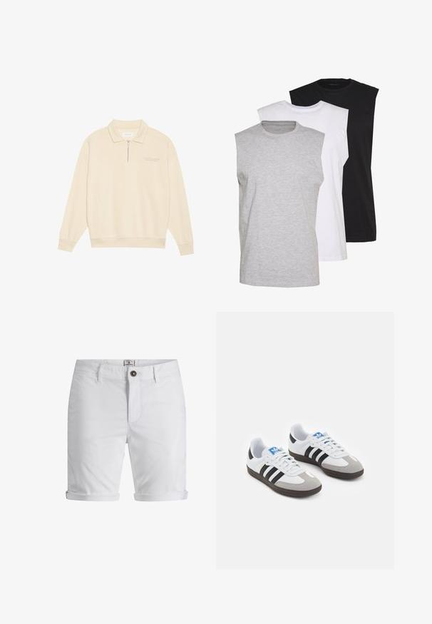 Beige pullover, millel tõmblukk, pehmest kangast. Omab ribakäeääre ja diskreetset tikandit rinnal. Sirge lõikega disain.; Kolm ilma varrukat särk hallis, valges ja mustas värvios. Pehme puuvillane materjal, ümar kaelus ja mugav lõige. Lihtne disain, ilma mustriteta.; Valged puuvillased lühikesed püksid rullitud äärtega, nupule sulgemisega, ees taskutega ja tekstuurse kangaga. Tavalise lõike disain.; Spordijalatsid valge nahkpealsega, halli nubuk-naha otsaga ja kolme musta triibuga. Omab sinist logo keele peal ja struktureeritud kummitalda.